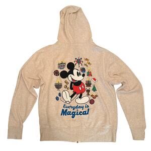 Disney Mickey Mouse 2018 Holiday Zip Up Hoodie Beige Womens Size L Festive